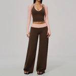 Women 2/3Piece Yoga Set Fitness Suit Gym Clothing Workout Tracksuit Sportswear Colorblock Halter Long Sleeve Top Wide Leg Pants