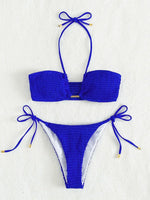 Halter Tie Side Pleated Smocked Bikini Women Bandeau Swimsuit Female Swimwear Two Pieces Bikini Set Bathing Suit Swim Beach Wear