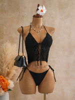 Sexy Black Triangle Bikini Set 2026 Women Lace Front Tie Push Up Crop Top Micro Swimsuit Beach Bathing Suit Two Piece Swimwear