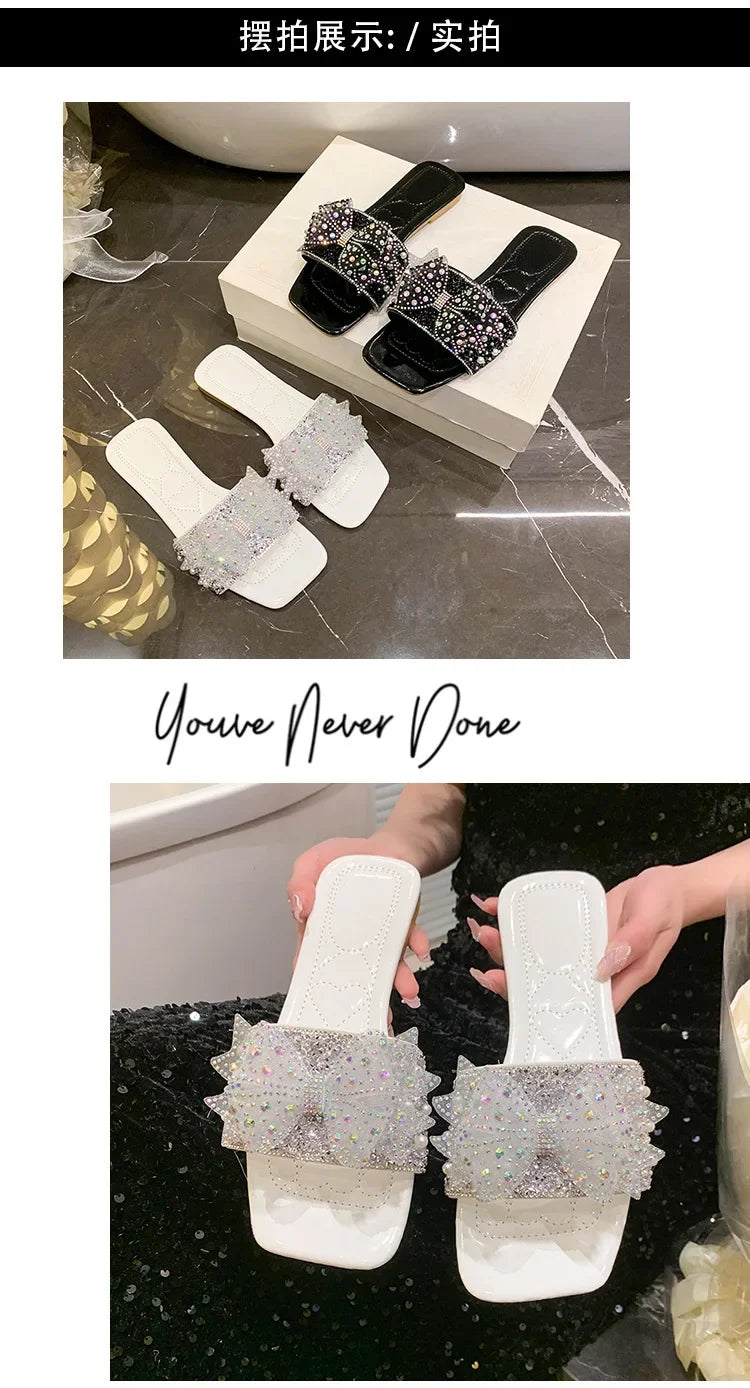 Women Summer ShoesNew Fashion Comfortable Non Slip Bow-knot Slippers Outdoor Soft Sole Rhinestone Dress Style Women Sandal