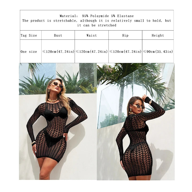 Women Sheer Mesh Long Sleeve Beach Cover Up, Sexy See-Through Fishnet Dress, Solid BodyconFor Summer Beach Party