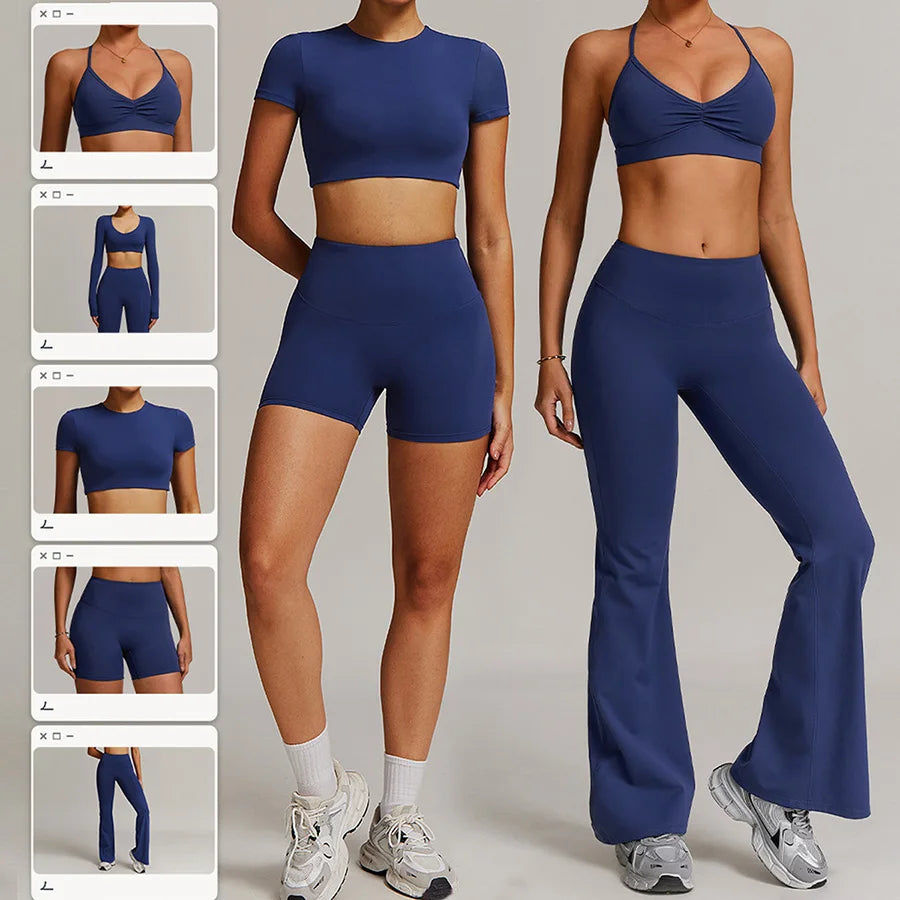 Women 2PCS Yoga Suit Sports Gym Set Tracksuit Workout Long Sleeve Shirt Fitness Flared leggings Short sleeve shorts running suit