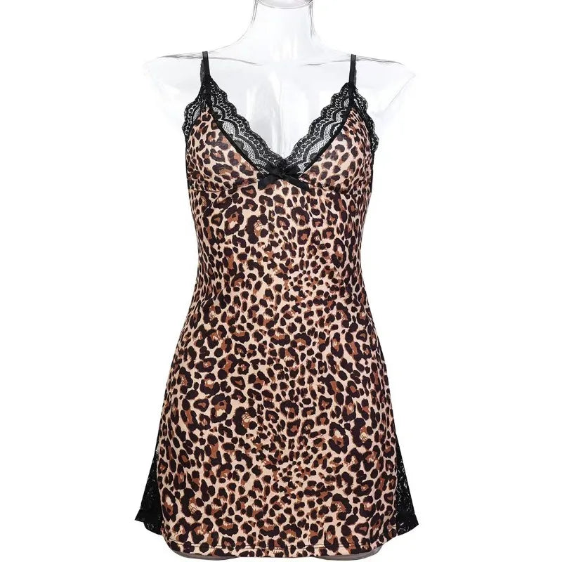 Women Pajama Sexy Leopard Dress Nightdress Side Split Lace Sleep Dress Female Lingerie Nightgown Homewear Clothing