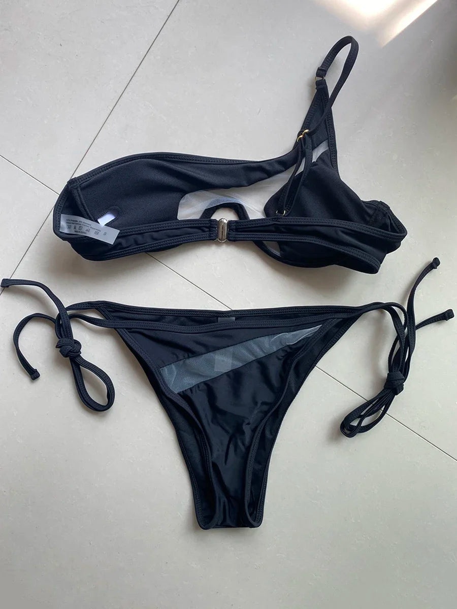 Splicing Mesh Underwire V-bar One Shoulder Bikini Women Swimsuit Female Swimwear Two Pieces Bikini Set Push Up Bathing Suit Swim