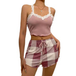 Women Pajama Set Lace Patchwork V-Neck Sleepwear Sexy Nighties Suit Camisole Top Printed Shorts Soft Pyjamas Loungewear