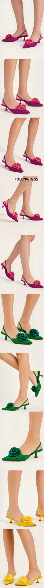 2026 Big Size 43 Summer Women's Pointy Toe Kitten Heels Slingback Satin Sandals Elegant Sandal Rose Flower Office Lady Shoes