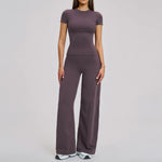 Yoga Set 2 Pieces Women's Tracksuit Short Sleeve O Neck Slim Sports T Shirts High Waist Flare Leggings Gym Running Fitness Suit