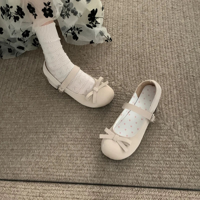Preppy Butterfly-Knot Low Heel Mary Janes Women Vintage Solid Buckle Strap Pumps Woman Cute Sweet Lolita Single Shoes for Ladies
