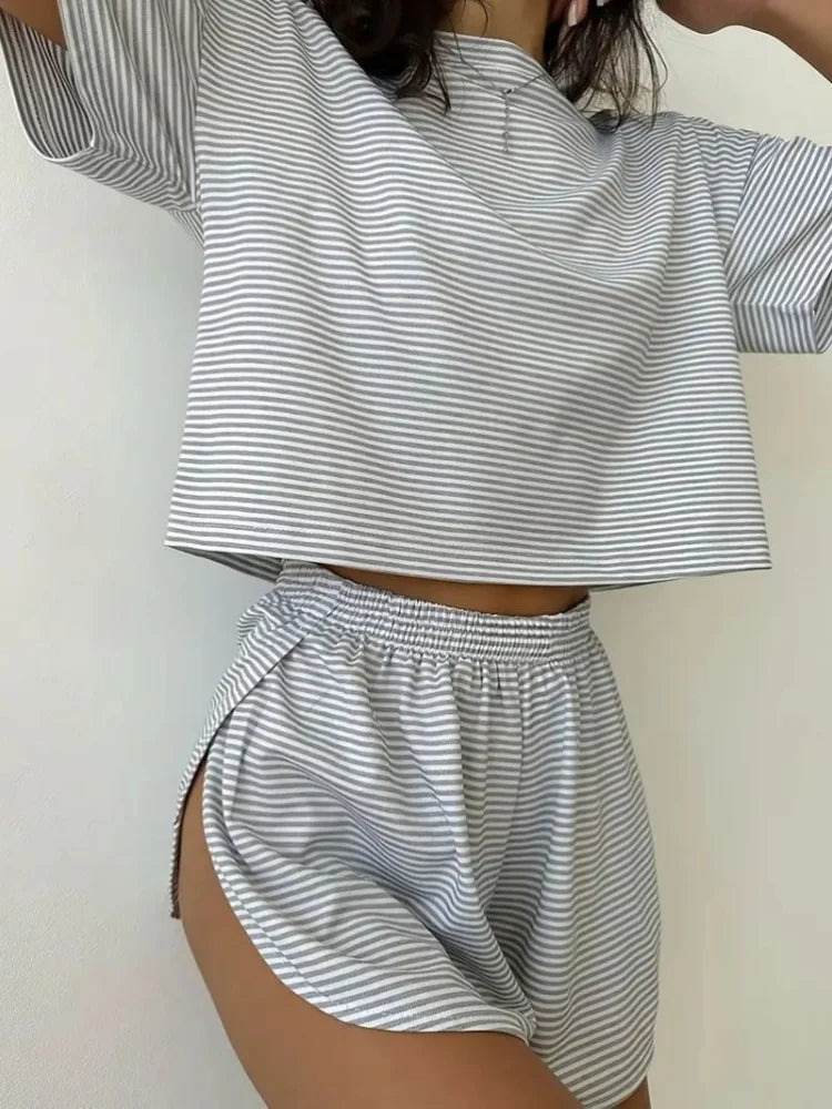 Summer Striped 2pcs Pajama Set for Women Short Sleeve Crop Top Elastic Waist Shorts Soft Loungewear Home Sleepwear