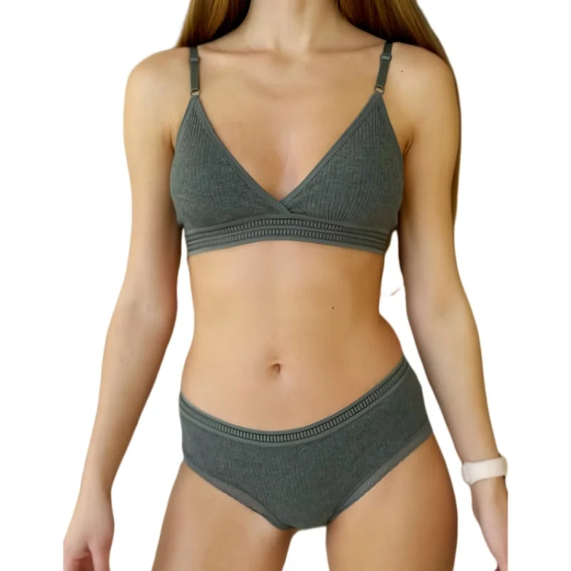 Women Padded Bra And Panties Set Low Waist Briefs Wire Free Bra Female Solid Color Underwear Sexy Lingerie Set One Size