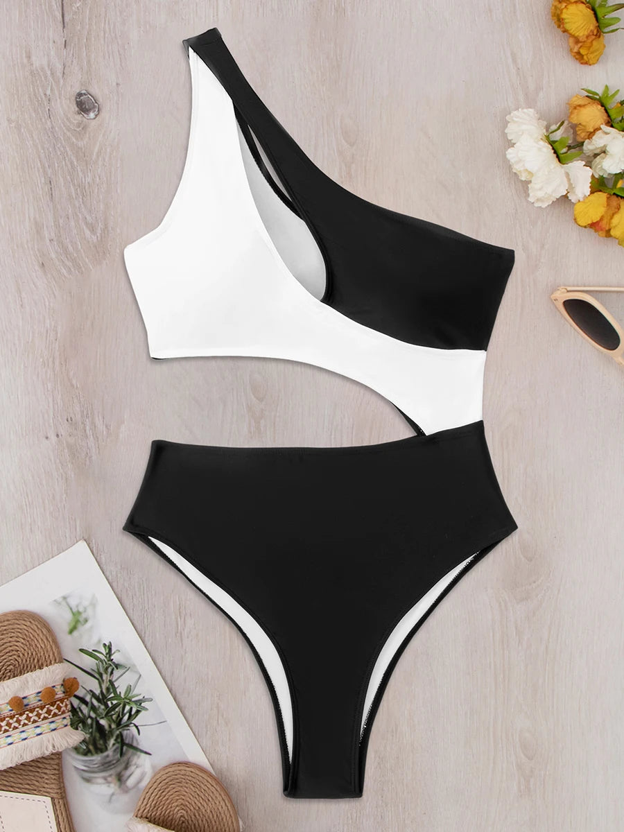 2026 One Shoulder Cut Out Swimsuit One Piece Solid Swimwear Women Bathers Bathing Swimming Swim Suit Female Beach Wear
