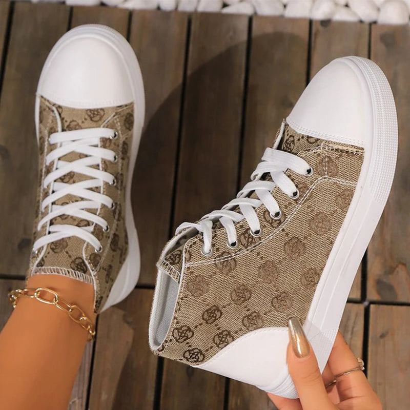 Fashion Flower Embroidery Canvas Shoes Women Spring Autumn Lace Up High Top Canvas Shoes Woman Round Toe Flats Sneakers Female