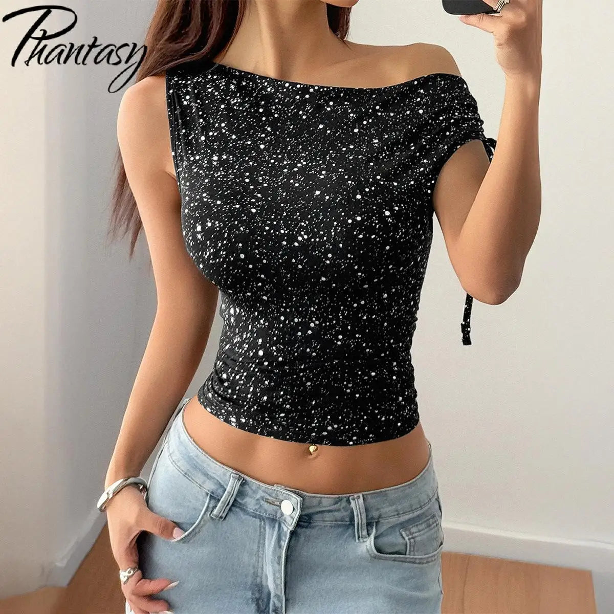 Phantasy Women's One Shoulder Sequin Sparkly Tops Sleeveless Asymmetrical Vest Fashion Y2K T-Shirt Women's Vestido 2025 Summer