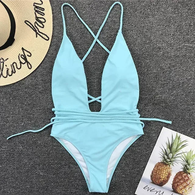 Sexy Deep V Neck Wrap Around Female Swimwear One Piece Swimsuit Women Backless Monokini High Leg Cut Bathing Suit Swim Beachwear