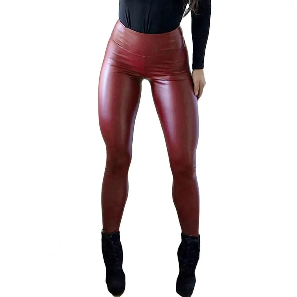 High Waist Solid Color Women Pants Hip Lifter Elastic Waist Windproof Faux Leather Pants Ladies Clothing