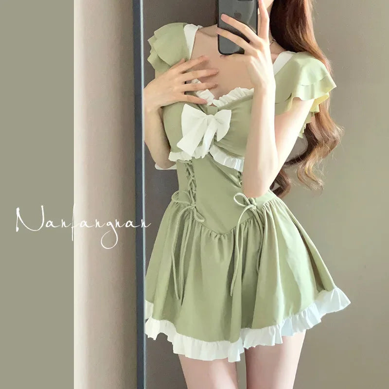 Korea Style One Piece Swimsuit with Skirt Monokini 2024 Women Front Bow Push Up Pleate Tummy Control Beach Bathing Suit Swimwear