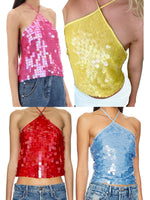 Women Solid Color Camis Tops Sequins Tie-Up Halter Neck Casual Summer Sleeveless Loose Fit Camisole Streetwear