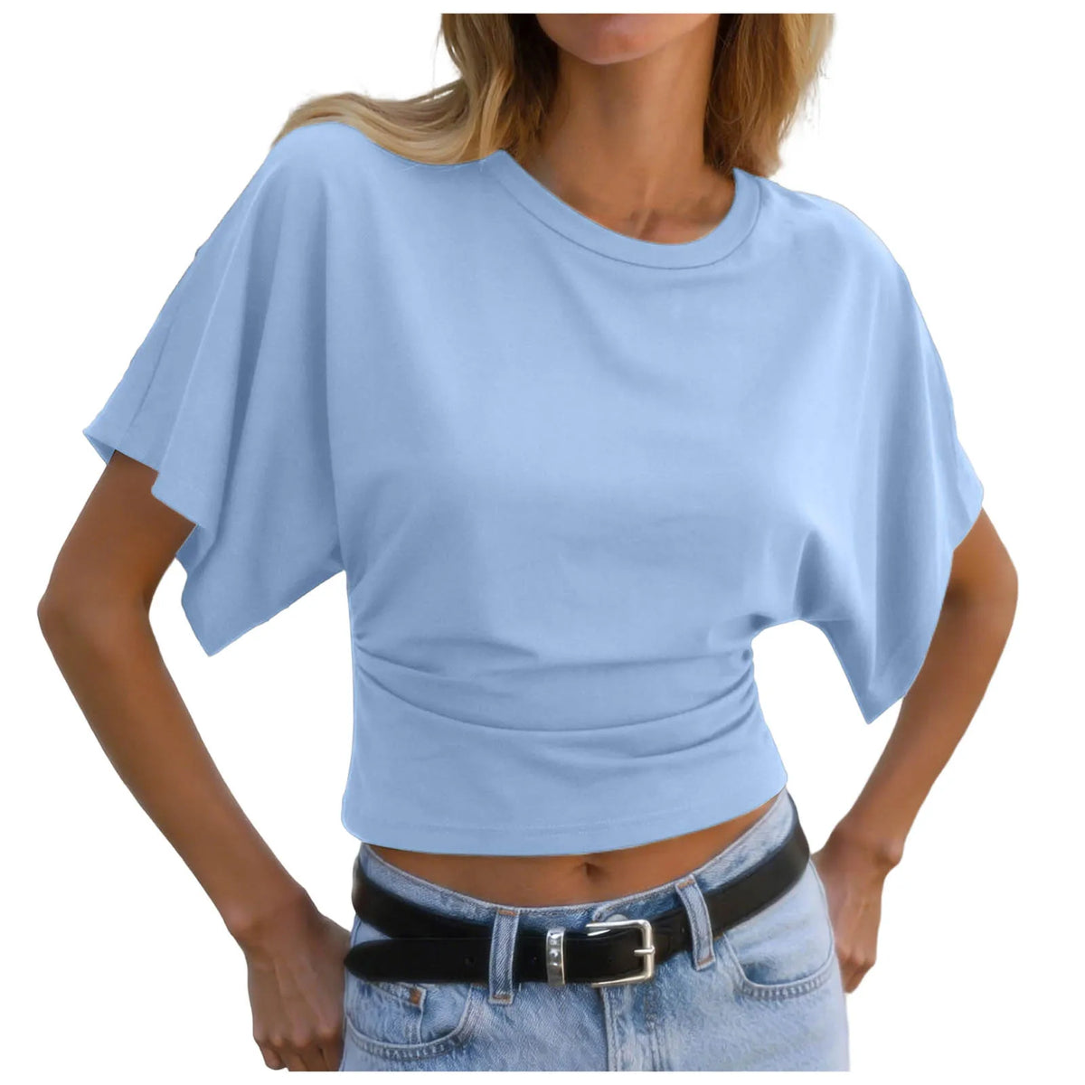 Y2k Solid Cotton O-Neck Ruched Waist Short Top Women Short-Sleeved Loose T-Shirt Causal All-Match Short Summer Basic T Shirts