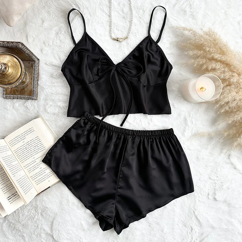 Stain Ice Silk Pajamas Set for Women Spaghetti Straps V Neck Crop Tops and Shorts 2-Pieces Sleepwear Loungewear for Home