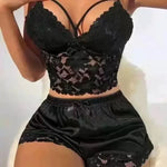 European and American new suspender lace vest top satin shorts sex underwear pajamas loungewear two-piece set women