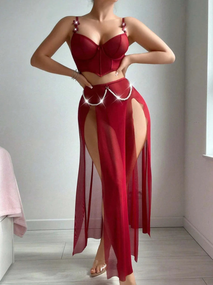 Women Sexy Lingerie Dress for Bow Knot Patchwork Mesh See-through Bra and Skirt Panties Set Underwear Erotic Lingerie
