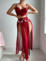 Women Sexy Lingerie Dress for Bow Knot Patchwork Mesh See-through Bra and Skirt Panties Set Underwear Erotic Lingerie