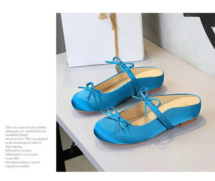 BIGTREE Satin Bow With One Strap With Shallow Mouth Half-Tugging Women's Hollow Inner Heightened Round-Head Sandals Comfortable
