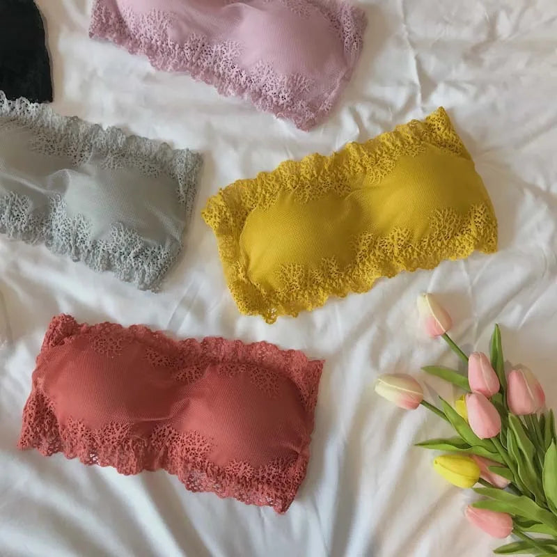 Women Floral Lace Tube Top Wireless Bra Sexy Lingerie Strapless Bralette Solid Color Crop Top Female Padded Bandeau Padded Bra