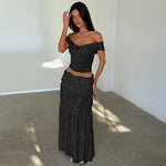 FDYOUI Woman Clothing Polka Dot Crop Tops and Lace-up Skirt Two Piece Sets Female Elegant Slash Neck Long Vacation Dresses Suit