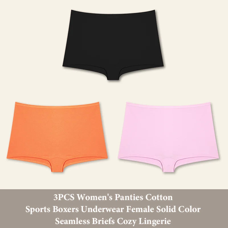 3PCS Women'sCotton Seamless Panties Sports Boxers Underwear Female Solid Color Briefs Cozy Lingerie Intimate Underpants XS-XL