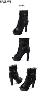 White Sexy Women Sandals Peep Toe 12cm Chunky Platform Zipper Belt Big Size 34-50 Dating Nightclub Ankle Cool Sandals Boots