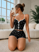 Heart Print 2 Pieces Pajama Set for Women Sleepwear Round Neck Backless Comfortable Crop Cami Top & Shorts Summer Loungewear Hot