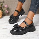 Women Bow Mary Janes Faux Patent Leather Heart‑Buckle Lug‑Sole Round‑Toe Sweet Preppy JK Platform Casual Daily Shoes