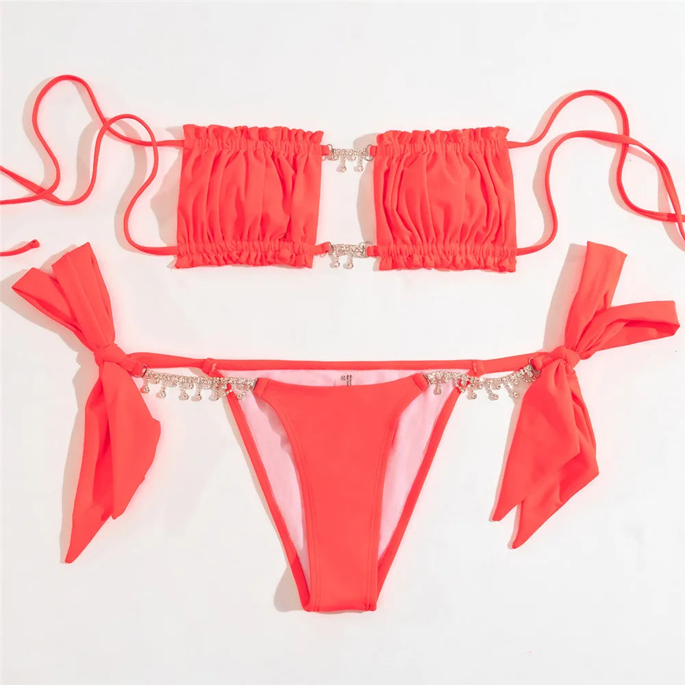 Sexy Rhinestone Chain Micro Thong Bikini Women Swimwear Ruffled Bandeau Swimsuit Knotted Bathing Swimming Suit Bikinis Sets 2026