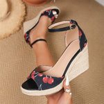 EUR Size 45 Leisure Espadrille Wedge Sandals Women Cherry Summer High Heels Shoes Beach Vacation Platform Ankle Strap Sandals