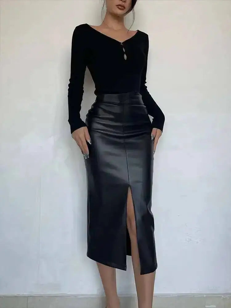 Sexy One Step Split PU Leather Half Skirt For Women's New High Waisted Slim Streetwear Black PU Fashion Womne Mini DressYTM8