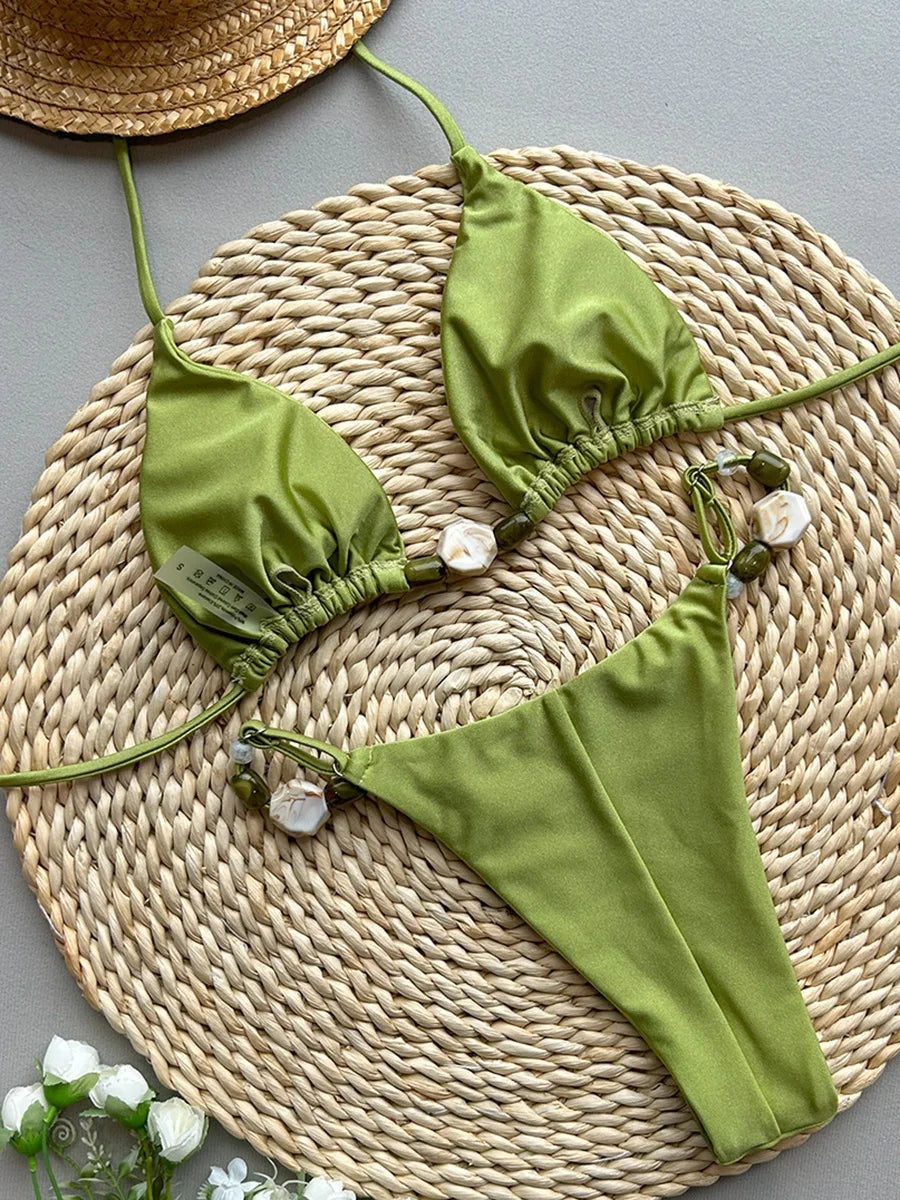 Shiny Halter High Cut Beads Bikini Women Swimwear Female Swimsuit Two-pieces Bikini Set Bather Bathing Suit Swim Lady Beach Wear
