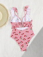 Vintage Pink Starberry Print One Piece Swimsuit 2026 Women Ruffles Bandage Cross High Waist Bikini Beach Bathing Suit Swimwear