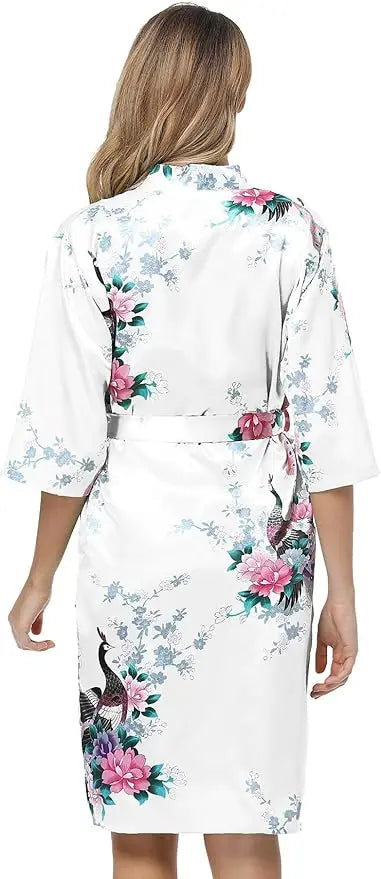 Women's Floral Satin Kimono Robe and Nightgown Set with Camisole 2 Piece Sleepwear Peacock Bathrobe