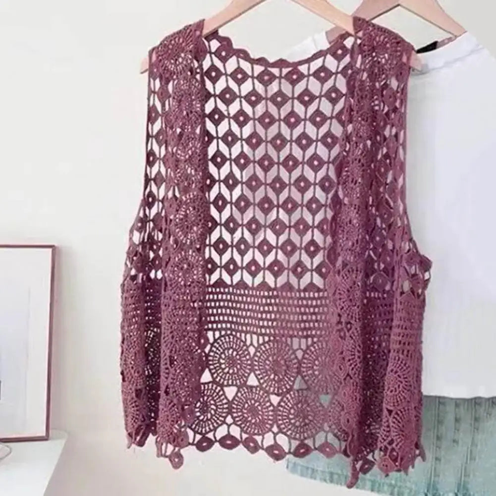 Women Summer Vest Hollow Out Retro Knitted Crochet Sleeveless Loose Open Stitch Thin Cardigan Daily Outwear Coat Top