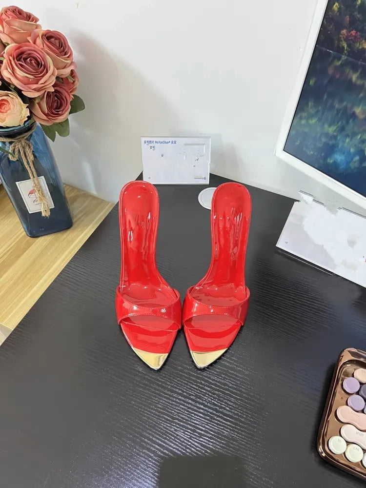 Black glossyFemale High Heels Open Toe Slides Trending Breathable Women Summer Outfit Casual Shoes12cm Sandals