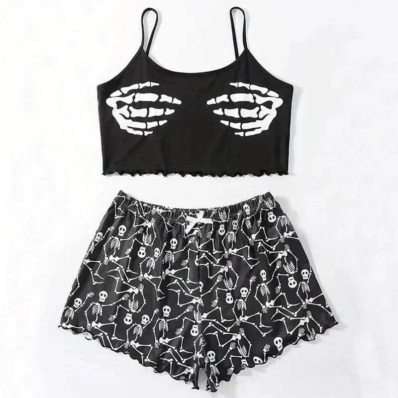 Women Sleepwear 2 PCS Pajama Set Short-Sleeved Tops and Shorts Suit Black Skull Print Soft Comfort Halloween Loungewear