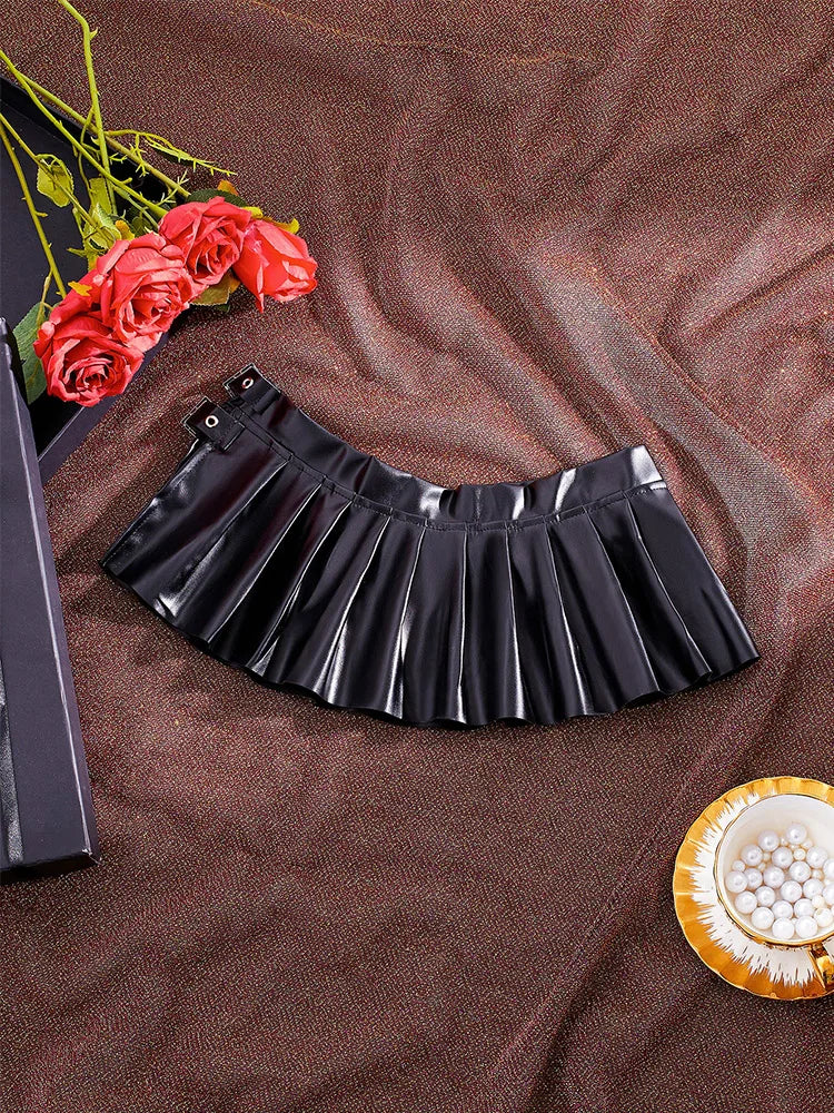 Sexy PU Leather Pleated Skirt Women Solid Basic Mini Skirt Low Waist Skirt Female Nightwear Micro Bikini Skirts Nightclub Skirts