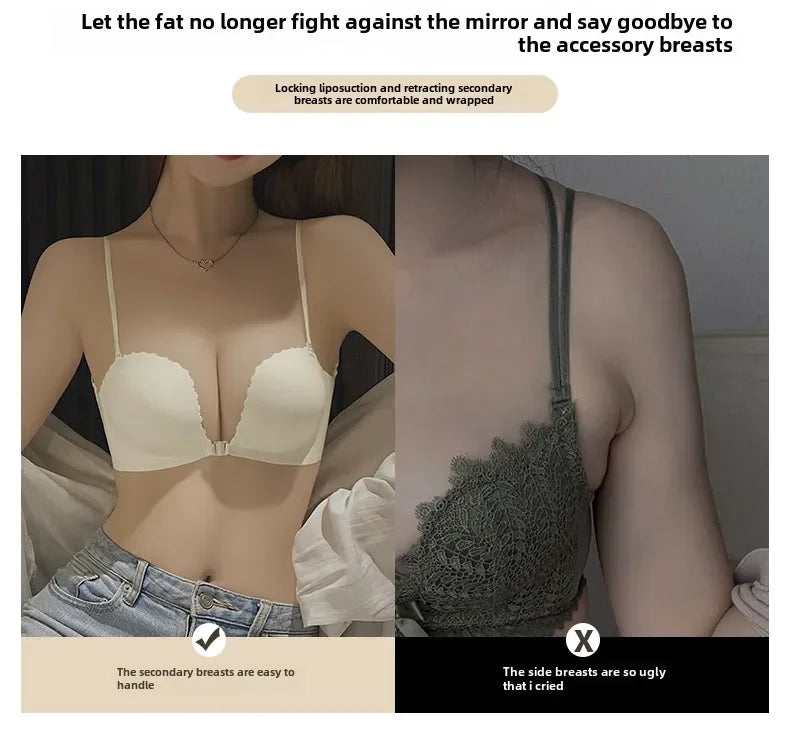 Front Button Underwear Women's Small Chest Pull Up To Show Large Summer Thin Collection Breast Anti-sag White Thin Strap Bra