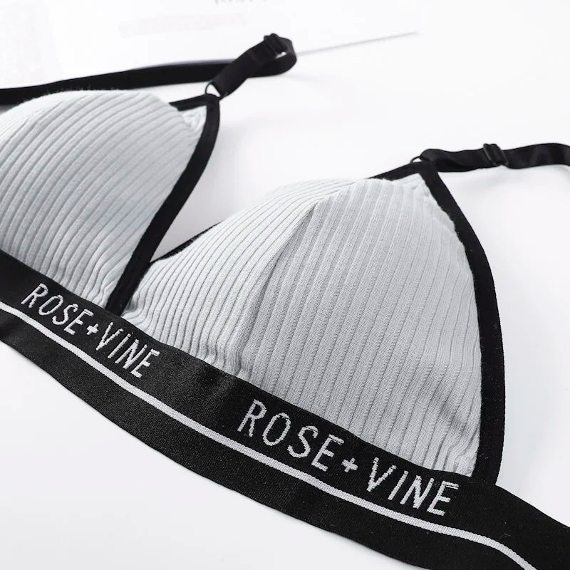 Women's Ribbed Wireless Triangle Bralette and Thong Set Low Rise Panties Daily Wear Comfort Underwear Ladies Sexy Lingerie Set