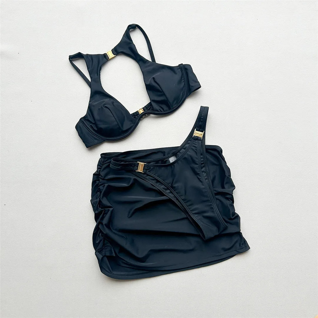 3PCS With Skirt Underwired Cut Out Bikini Women Swimwear Female Swimsuit Three-pieces Bikini Set Bather Bathing Suit Swim V7733