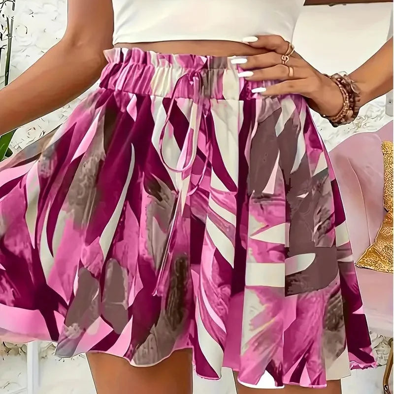 Print Loose Wide Leg Shorts for Women Shorts Summer Casual Elastic Waistband A-Line Shorts Chic Ladies Holiday Beach Shorts