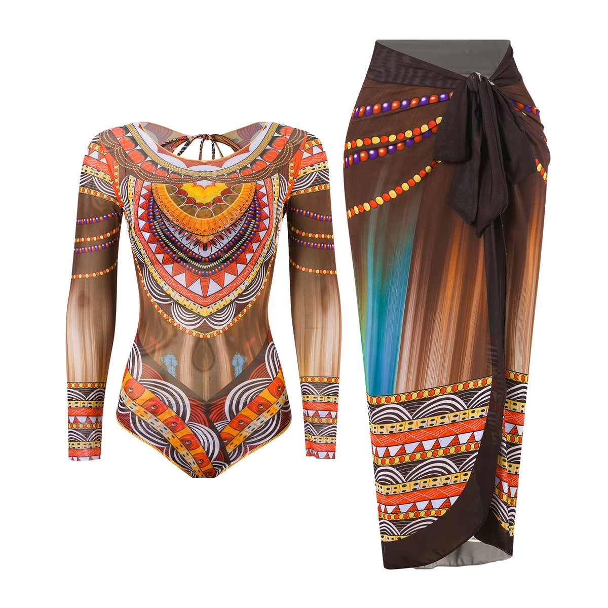 2025 Long Sleeve Sheer Sun Protection One-Piece Set Swimsuit Women Sexy Rash Guard Swimwear Bodysuit Beachwear With Cover up