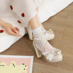 9cm Cross Strap Women High Heels Mary Jane Shoes Party Wedding Pearls White Lace Ruffles Bow Princess Lolita Pumps Sandals 33-46