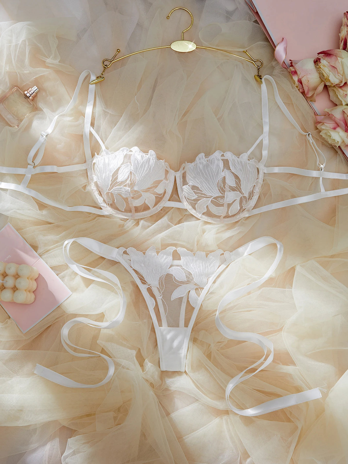 Ladies Floral Lace Thin Briefs Romantic Sexy Set with Belted Pants Elegant Shiny Underwear